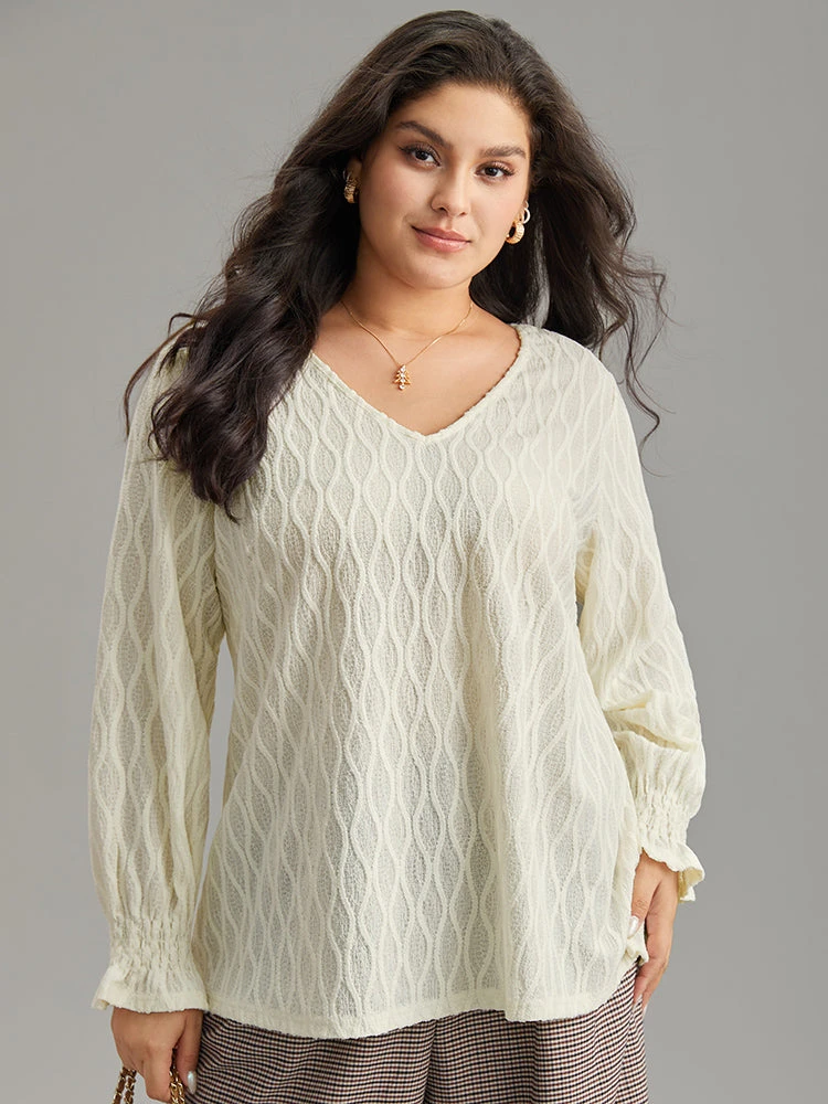 V Neck Solid Textured Shirred Blouse 4 V Neck Solid Textured Shirred Blouse - Image 2