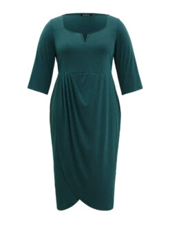 Solid Notched Pleated Wrap Hem Dress -Bloomchic Shop 216206934 ba