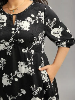 Silhouette Floral Print Texture Keyhole Lantern Sleeve Dress -Bloomchic Shop 216335543 ju