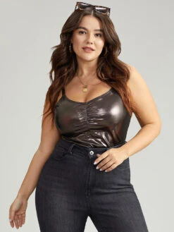 Bloomchic Shop 9 Solid Patchwork Ruched Adjustable Straps Bodysuit