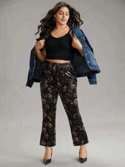 Floral Texture Velvet Flare Leg Pants -Bloomchic Shop 217309012 jp