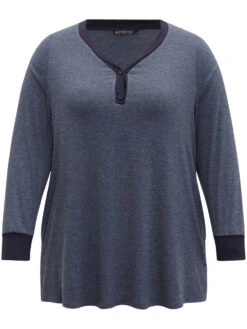 V Neck Button Up Contrast Elastic Cuffs Pocket T-shirt -Bloomchic Shop 217933410 mf