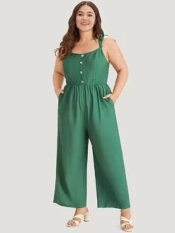 Solid Button Detail Pocket Elastic Waist Knotted Shoulder Jumpsuit -Bloomchic Shop 218123277 ga