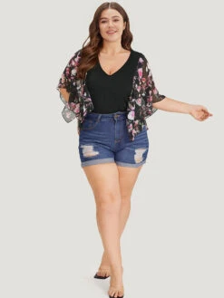 Floral Print Patchwork Mesh Asymmetrical Sleeve Bodysuit -Bloomchic Shop 218756668 ll