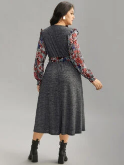 Ditsy Floral Patchwork Ruffle Trim Belted Dress -Bloomchic Shop 219433940 wu