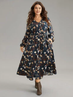 Floral Print Notched Belted Lantern Sleeve Dress -Bloomchic Shop 219817678 ld