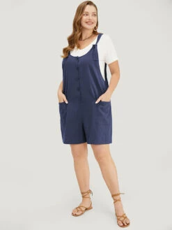 Solid Pocket Button Detail Knot Shoulder Overall Romper -Bloomchic Shop 219951559 bc b5574767 2472 4649 b31e bea1fb17753c