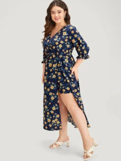 Floral Print Pocket V Neck Wrap Split Hem Jumpsuit -Bloomchic Shop 220020408 wi