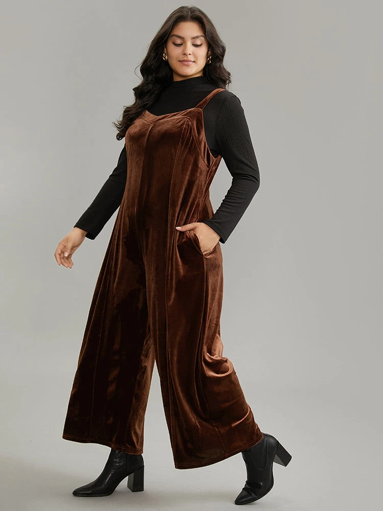 Plain Velvet Spaghetti Strap Pocket Jumpsuit 5 Plain Velvet Spaghetti Strap Pocket Jumpsuit - Image 3
