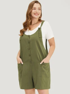 Solid Pocket Button Detail Knot Shoulder Overall Romper -Bloomchic Shop 220525210 ta 0fe6a4c7 f8e4 4c90 b534 2d63d4cb3ee0