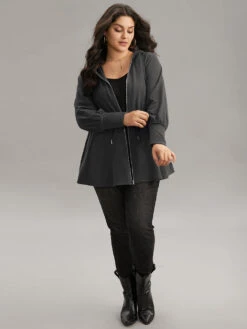 Solid Drawstring Hooded Pocket Zipper Sweatshirt -Bloomchic Shop 220816065 qh