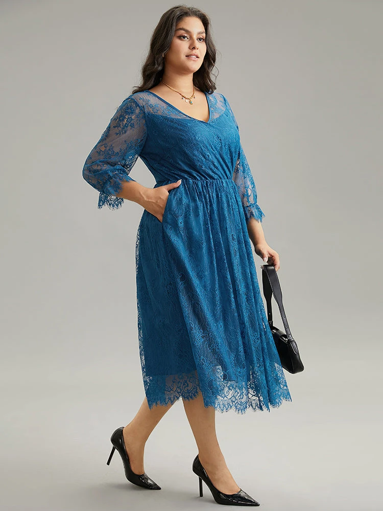 Plain Crochet Lace Mesh Elastic Waist Dress 5 Plain Crochet Lace Mesh Elastic Waist Dress - Image 3