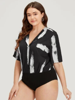 Brush Print Shirt Collar Elastic Waist Bodysuit -Bloomchic Shop 221368250 fq