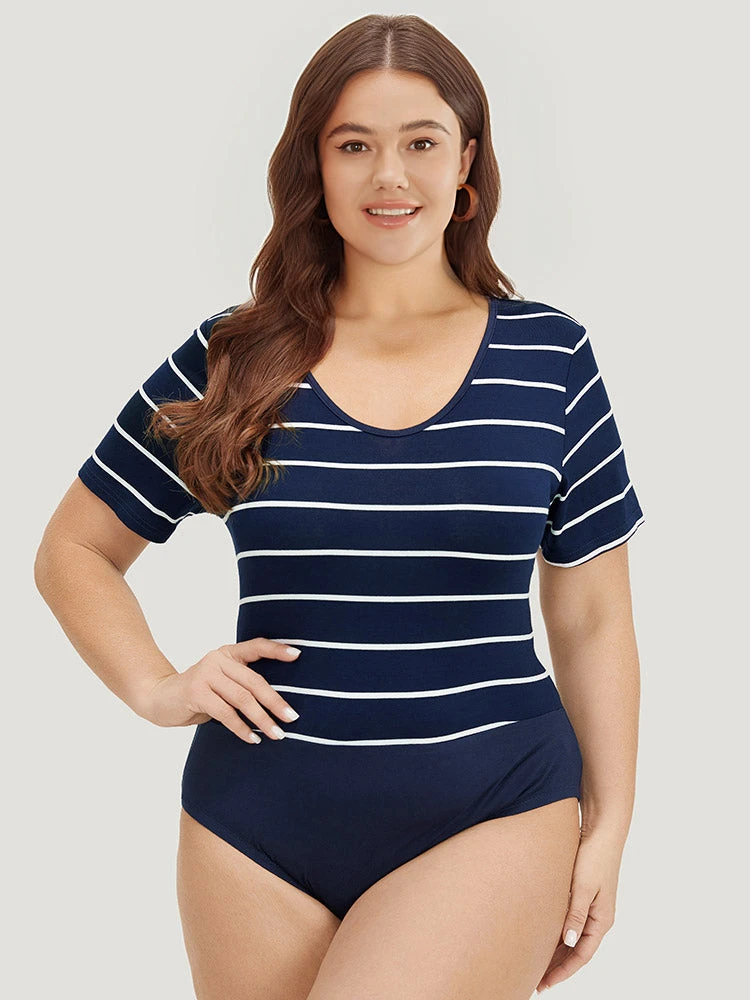 Striped Contrast Patchwork Crew Neck Bodysuit 3 Striped Contrast Patchwork Crew Neck Bodysuit