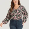 Floral Print V Neck Elastic Waist Lantern Sleeve Bodysuit -Bloomchic Shop 22655831 zs