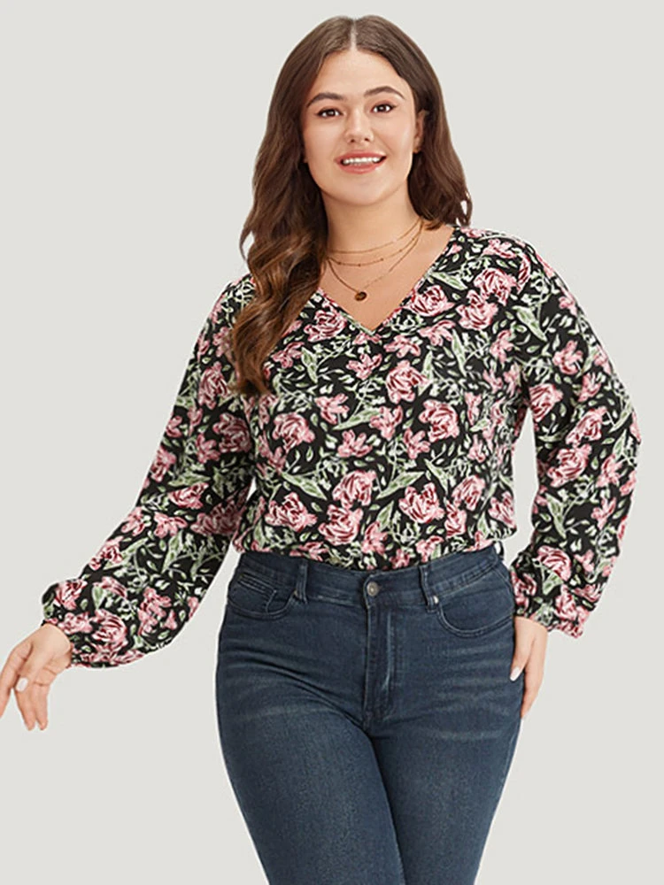 Floral Print V Neck Elastic Waist Lantern Sleeve Bodysuit 3 Floral Print V Neck Elastic Waist Lantern Sleeve Bodysuit