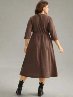 Waffle Knit Contrast V Neck Button Detail Dress -Bloomchic Shop 227217360 ig