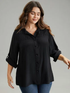 Solid Button Through Roll Tab Sleeve Blouse -Bloomchic Shop 227254000 rb