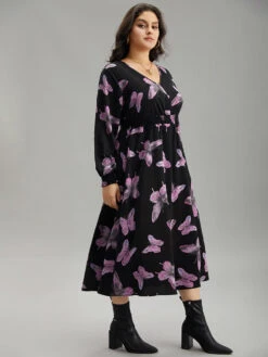Butterfly Print Pocket Shirred Cuffs Dress -Bloomchic Shop 227834870 qj