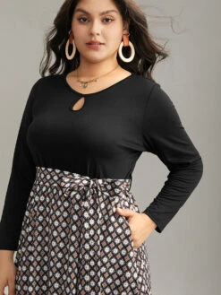 Geometric Patchwork Cut Out Belted Dress -Bloomchic Shop 229587306 xm