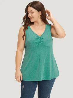 Plain V Neck Ruched Shirred Tank Top -Bloomchic Shop 22987216 aq