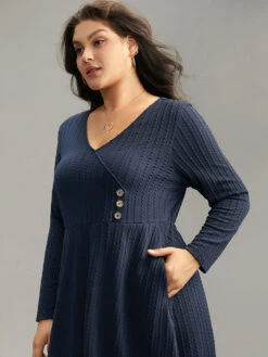 Solid Appliques Button Detail Elastic Waist Dress -Bloomchic Shop 230114632 az