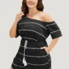 Striped Print Knot Pocket Tassels One Shoulder Romper -Bloomchic Shop 231346583 up 2c239bbf 9a4e 4d0e ac6a 3d522ee90540