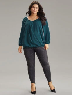 Static-Free Solid Lantern Sleeve Plicated Detail Blouse -Bloomchic Shop 231449586 qs