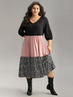 Leopard Colorblock Patchwork Elastic Waist Dress -Bloomchic Shop 231999208 td