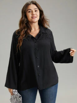 Solid Button Through Roll Tab Sleeve Blouse -Bloomchic Shop 232203506 cg