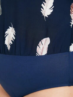 Feather Print Keyhole Batwing Sleeve Bodysuit -Bloomchic Shop 232379780 xj