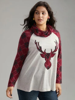 Elk Plaid Patchwork Cowl Neck T-shirt -Bloomchic Shop 232393876 bn