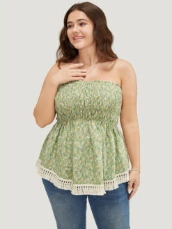 Bloomchic Shop 3 Ditsy Floral Frill Trim Tassels Hem Shirred Off Shoulder Blouse