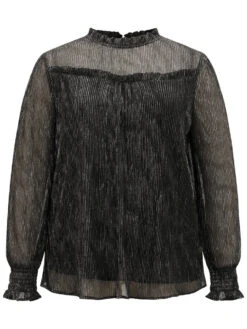 Stand Collar Mesh Patchwork Frill Trim Blouse -Bloomchic Shop 235003834 rk