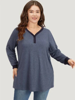 V Neck Button Up Contrast Elastic Cuffs Pocket T-shirt -Bloomchic Shop 235321942 ql