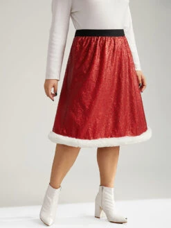 Christmas Sequin Patchwork Fuzzy Trim Skirt 10 Christmas Sequin Patchwork Fuzzy Trim Skirt -Bloomchic Shop 235360454 la