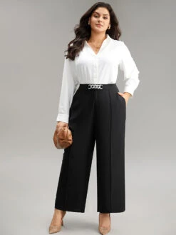 Metal Detail Pleated Wide Leg Pants -Bloomchic Shop 235370629 lw