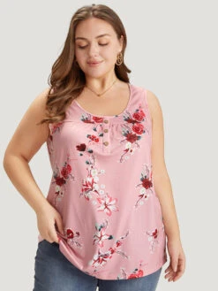 Floral Button Detail Round Neck Tank Top -Bloomchic Shop 236734536 bp