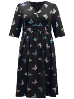 Butterfly Glitter V Neck Ruched Dress -Bloomchic Shop 237225262 yc