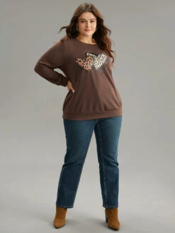 Heart Leopard Round Neck Sweatshirt -Bloomchic Shop 237767434 lm