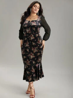 Velvet Floral Notched Ruffles Mermaid Hem Dress -Bloomchic Shop 237981089 zq