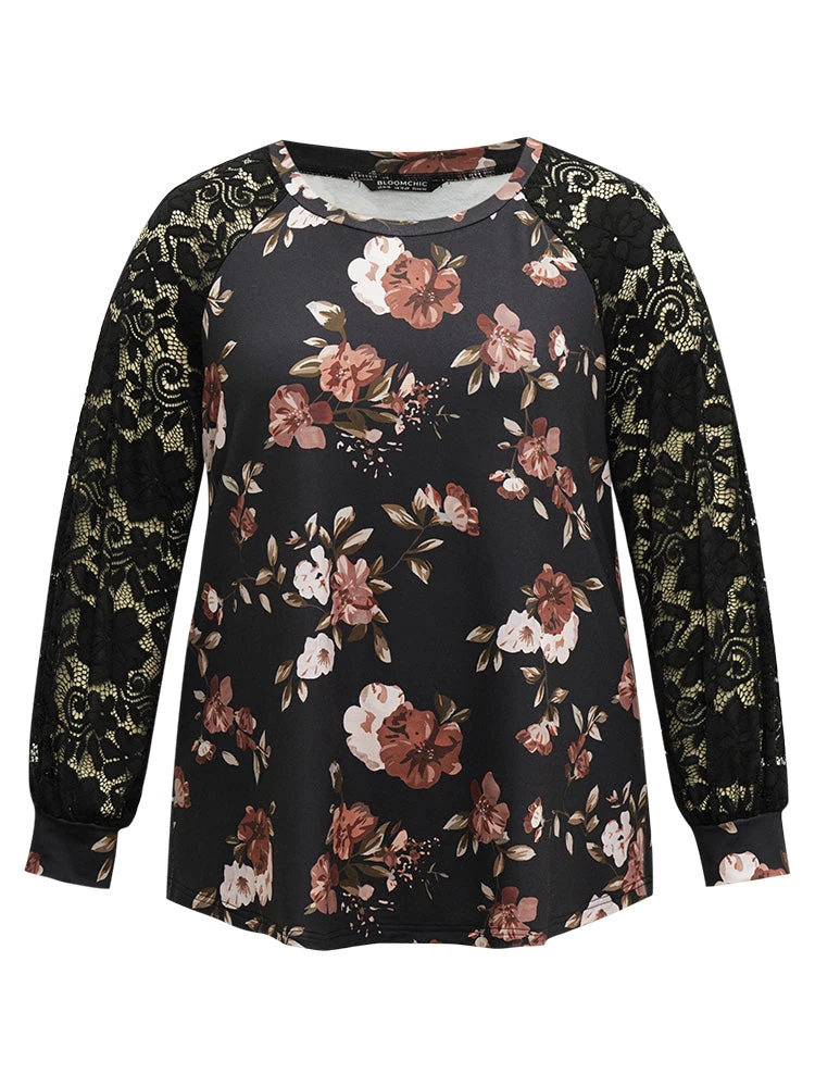 Floral Lace Panel Raglan Sleeve Sweatshirt 9 Floral Lace Panel Raglan Sleeve Sweatshirt - Image 7