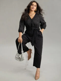 Plain Textured Belted Wrap Jumpsuit -Bloomchic Shop 239321987 se
