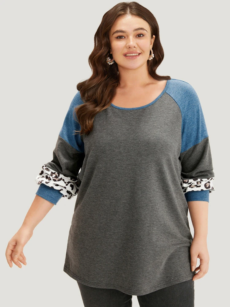 Colorblock Contrast Leopard Round Neck Raglan Sleeve Sweatshirt 6 Colorblock Contrast Leopard Round Neck Raglan Sleeve Sweatshirt - Image 4