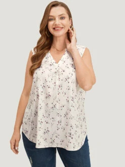 Ditsy Floral Pleated Notched Arc Hem Tank Top -Bloomchic Shop 242342395 eq