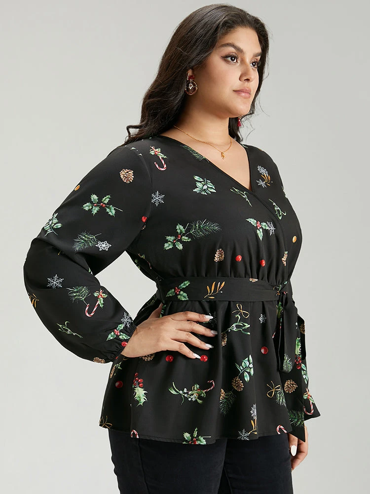 Christmas Elastic Waist Belted Wrap Blouse 5 Christmas Elastic Waist Belted Wrap Blouse - Image 3