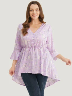 Floral Bell Sleeve Button Through High Low Hem Blouse -Bloomchic Shop 244234308 ui 027548d5 8a3a 4645 ae86 5e5ca7d25d5f