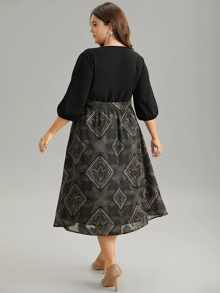 Chiffon Moroccan Print Glitter Belted Overlap Collar Dress 5 Chiffon Moroccan Print Glitter Belted Overlap Collar Dress - Image 3