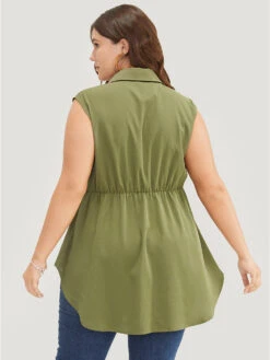 Solid Button Detail Ruffle High Low Hem Tank Top -Bloomchic Shop 246464885 kt