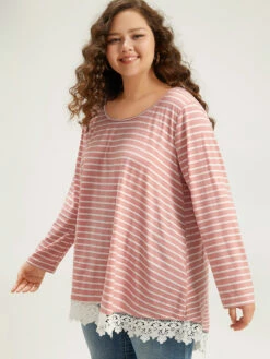 Striped Guipure Lace Crew Neck T-shirt 12 Striped Guipure Lace Crew Neck T-shirt -Bloomchic Shop 246785113 sn
